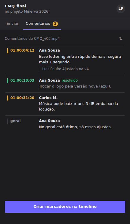 Aba Comentários do plugin: lista de comentários com timecode, autor, texto e estado resolvido, e o botão Criar marcadores na timeline.