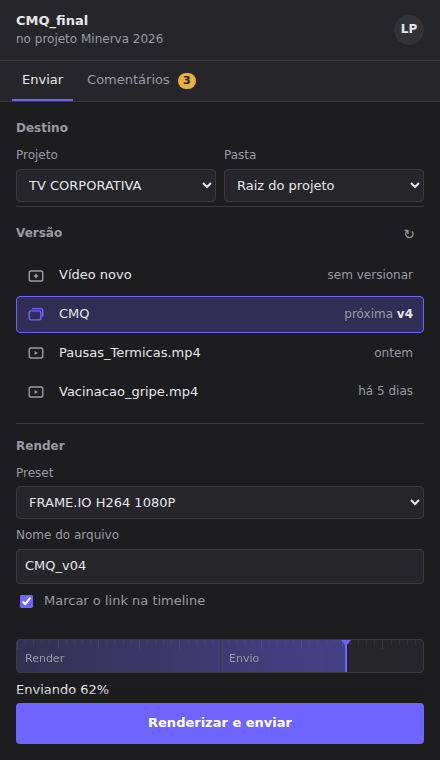 Aba Enviar do plugin: destino no Frame.io, lista de versões com a próxima versão v4 selecionada, preset de render e progresso em forma de régua de timeline.